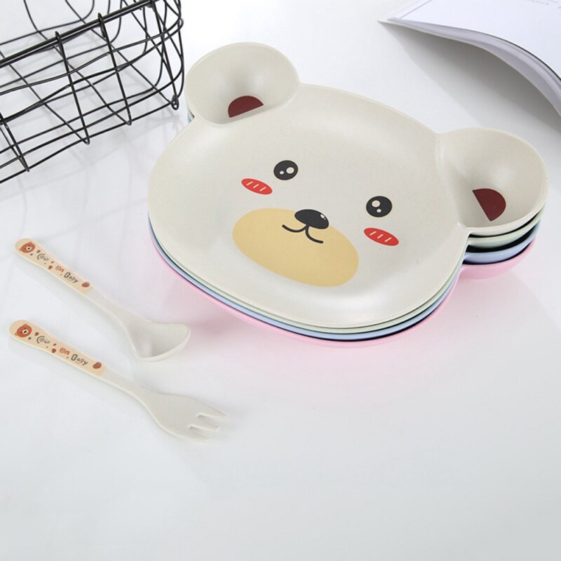 3 Stks/set Milieuvriendelijke Bamboe Fiber Baby Gerechten Animal Bear Servies Set Voor Kids Peuter Servies Voeden Vork Lepel Plaat