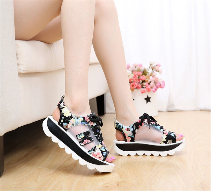 Zomer casual veter sport damesschoenen dames print sandalen visgraat mesh dikke bodem schommelschoenen: Zwart / 36