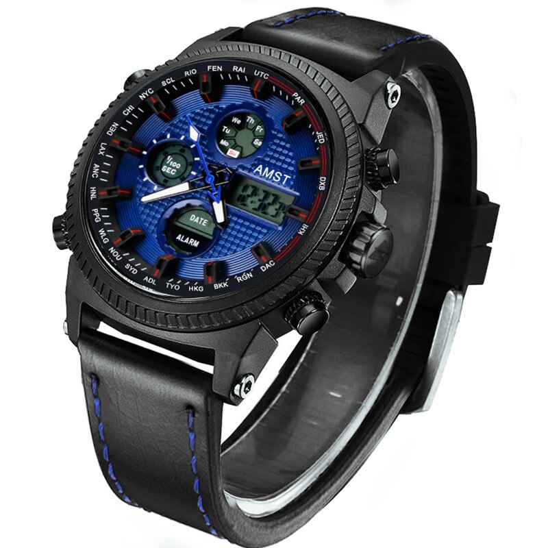 Relojes militares AMST de 50M, Relojes LED con correa de cuero resistente al agua, relojes de cuarzo de lujo de la mejor para hombre, reloj Masculino