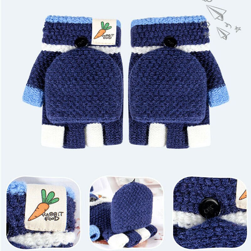 Baby Unisex Warm Gloves Kids Boys Girls Winter gloves Half Finger Flip Cover Knitting Mittens 3-6Years