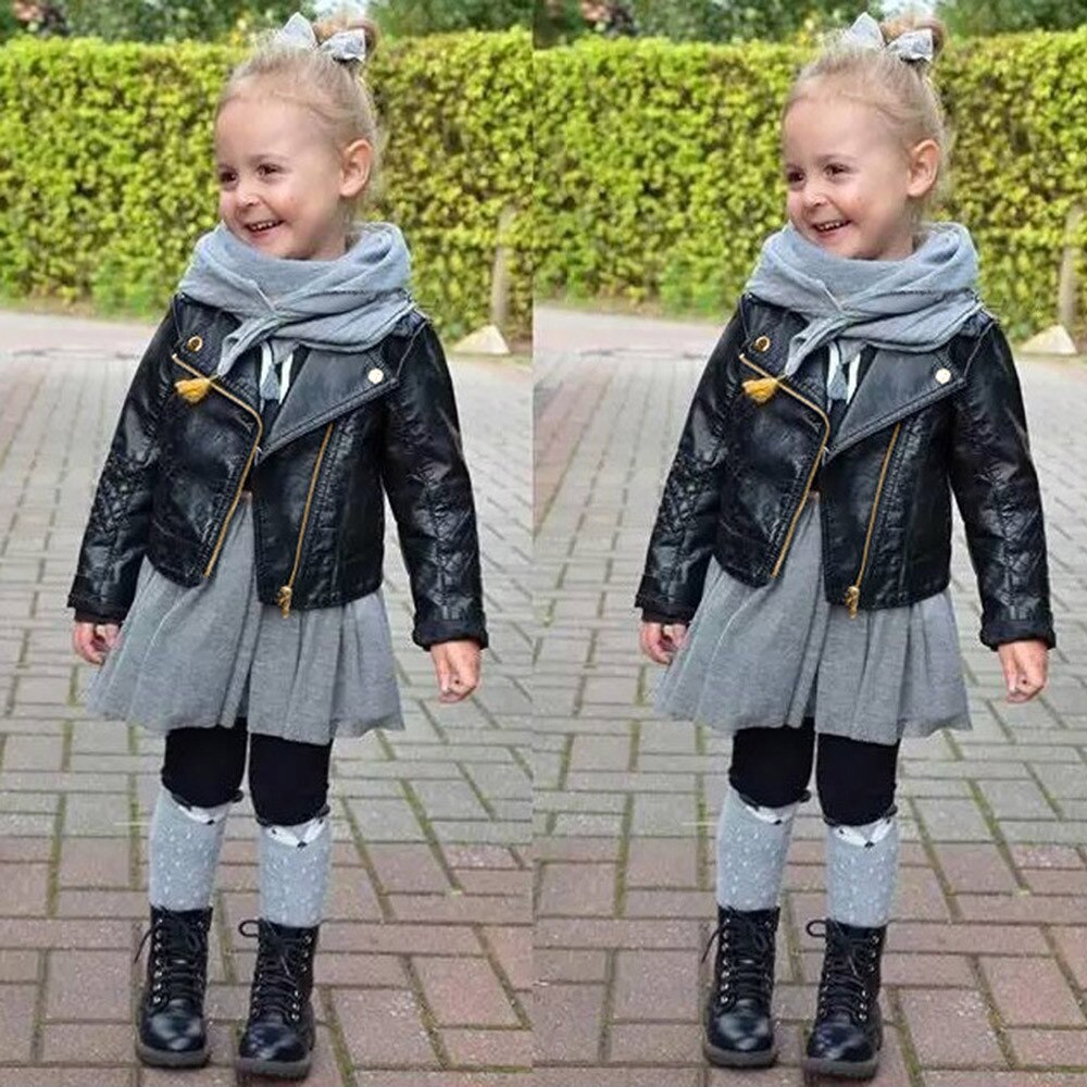 Spring and Autumn and the Wind PU Leather Leather Coat Baby Boys and Girls Short Children Jacket @A