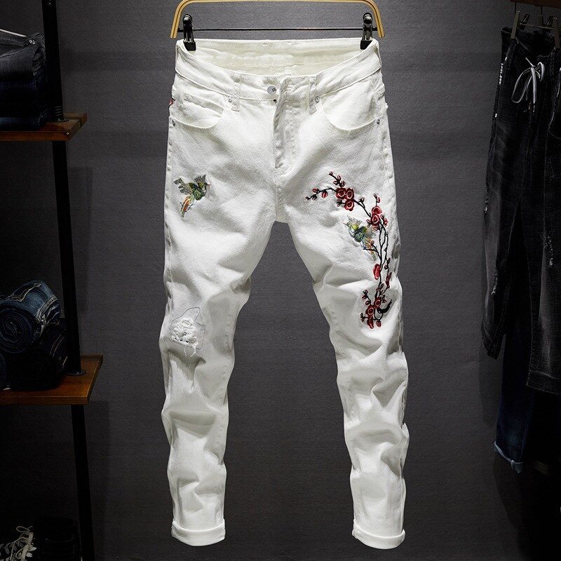 Pantalones ajustados informales con flores de ciruela para hombre, Vaqueros bordados, estilo Hip Hop, Punk, para novio,: 818 white / 38