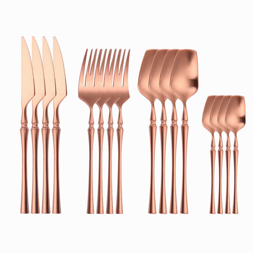 Rose Gold Tableware Forks Spoons Knives Dinnerware Set Stainless Steel Western Cutlery Set Silver Kitchen Utensils Dropshopping: rose gold 16pcs