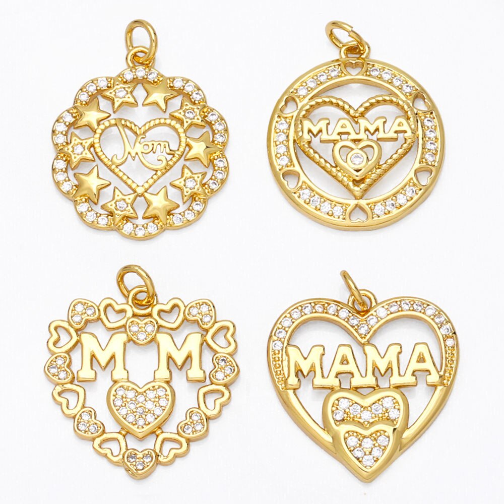 Ocesrio mother's day charm for jewelry making, gold-plated copper cubic zirconia, mother's day present pendant pdta 723