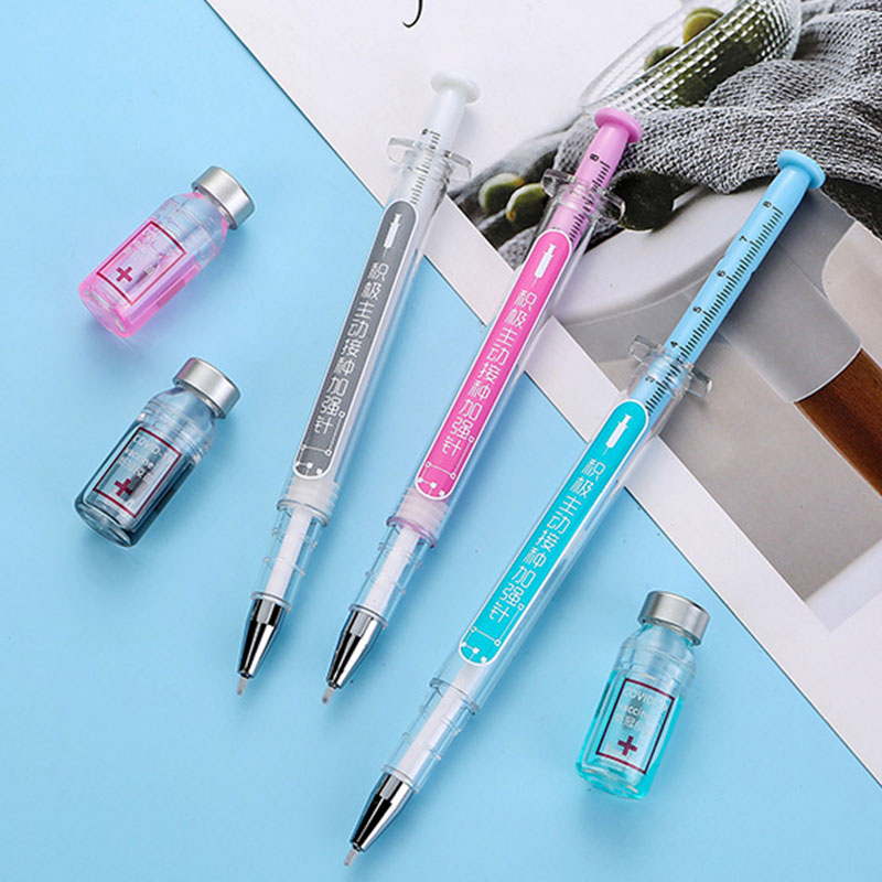 12pcs Syringe Gel Pen Simulation Eliminates Injection Syringe Shape Ballpoint Pen Black Signature Pen Simulation Vaccine Pens