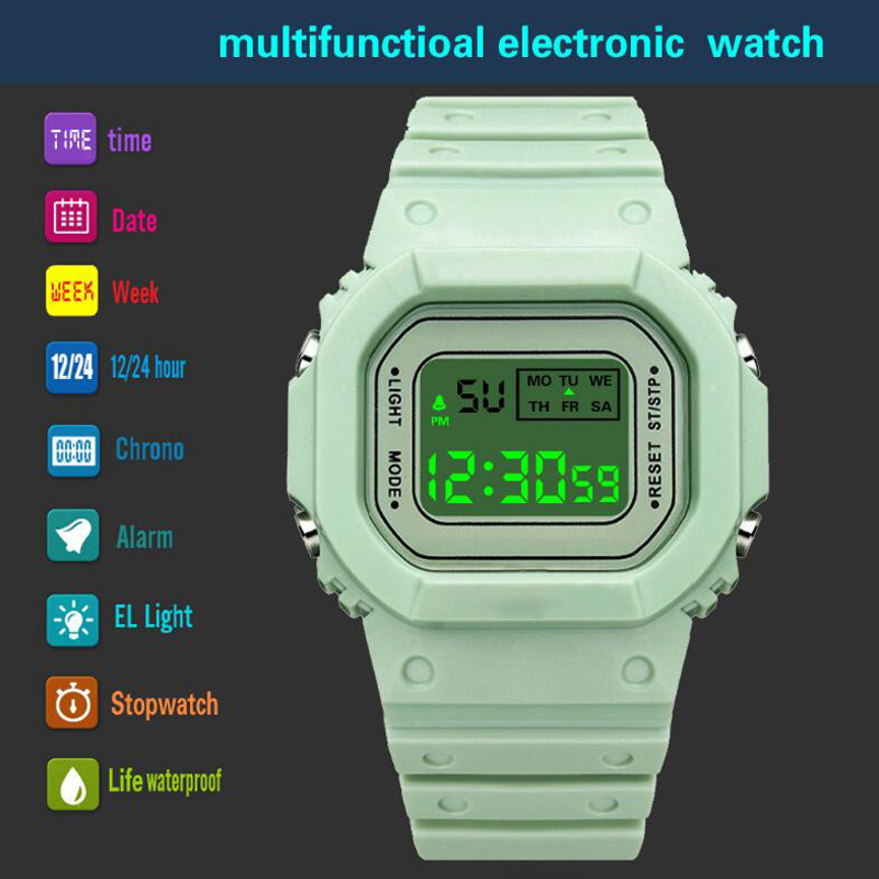 Luxe Vrouwen Digitale Groene Horloge Multifunctionele Waterdichte Vrouwen Horloges Unisex Mannelijke Horloge Rechthoek Kinderen Sport Horloges