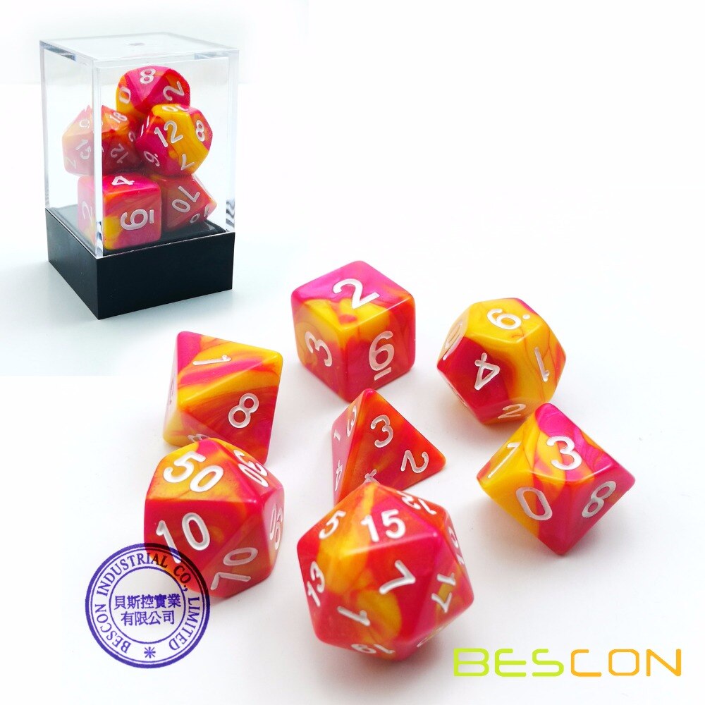 Bescon Gemini Polyhedrale Dobbelstenen Set Sunglow, twee Tone RPG Dobbelstenen Set van 7 d4 d6 d8 d10 d12 d20 d % Baksteen Box Pack