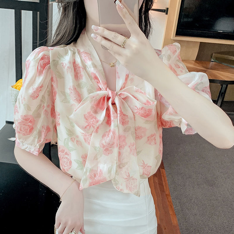 Blusa de gasa con estampado Floral para mujer, camisa holgada de manga corta con lazo, ropa informal coreana, Tops elegantes de verano