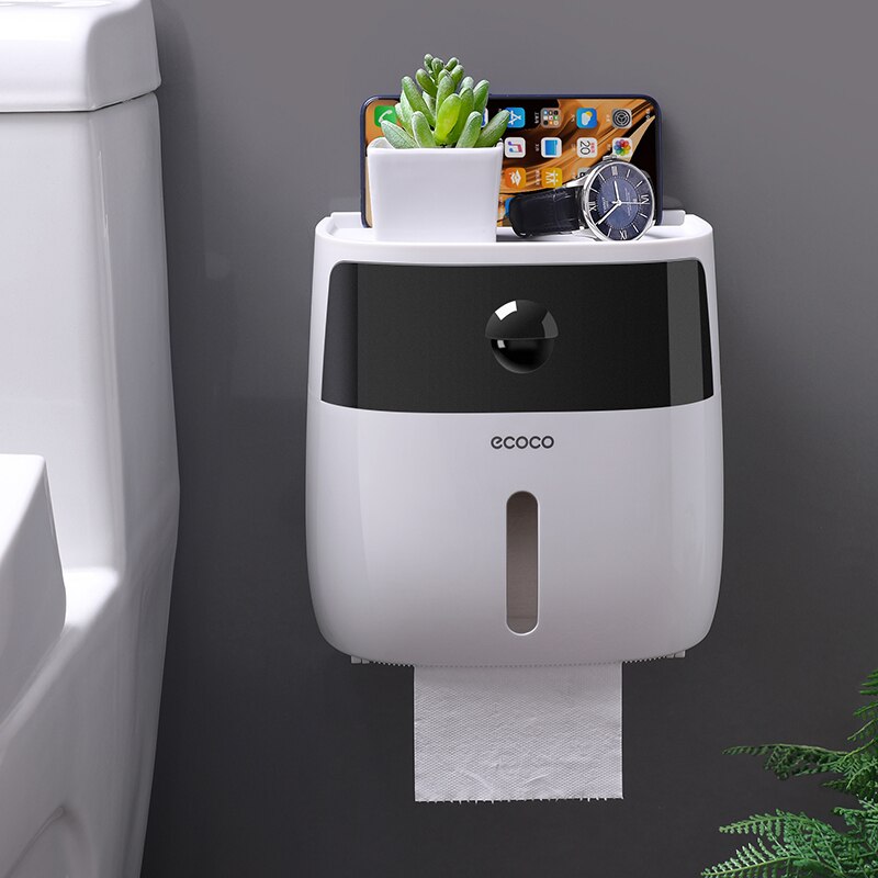 Baispo dobbeltlag toiletpapirholder vandtæt opbevaringsboks vægmonteret toiletrulle dispenser bærbare toiletpapirholdere: Sort