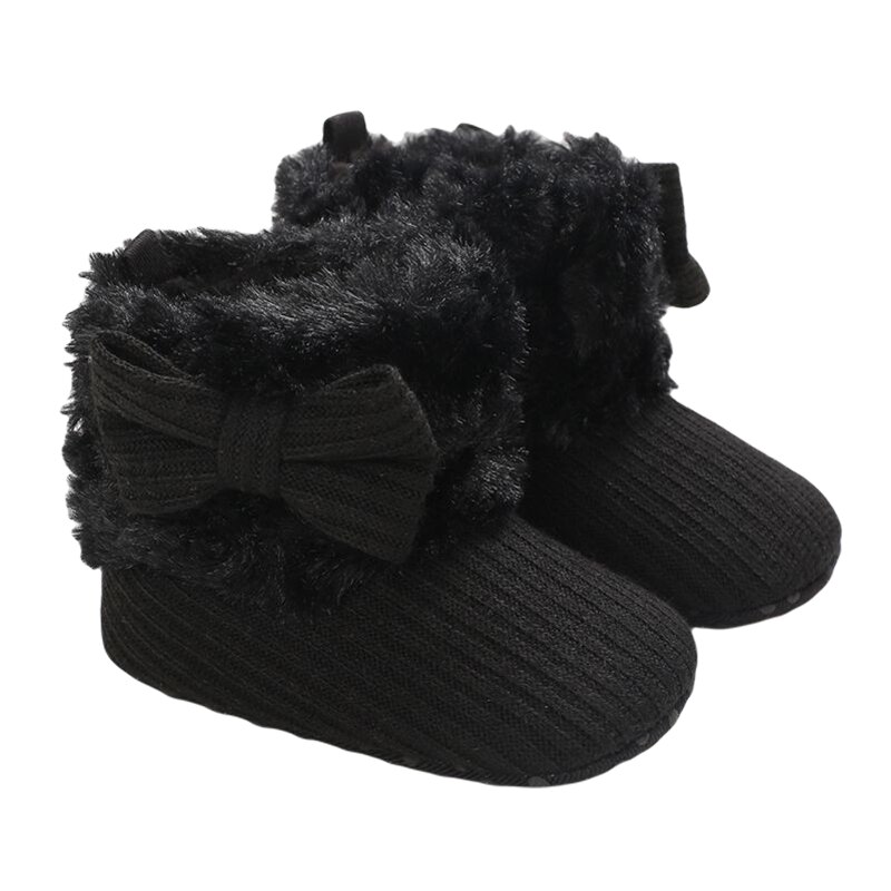 Automne hiver bébé filles garçons bottes chaudes belle solide nœud capuche mi-mollet hauteur plat avec talon bébé chaussures 5 couleurs: Black / 0-6 mois