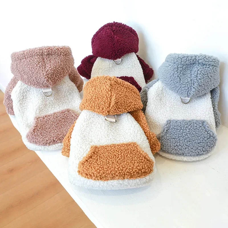 Fleece Puppy Dog Winter Sweater Hoodies with Buckle for Attachment Leash Boy Girl Pet Clothes for Small Dogs Yorkie Warm Coat
