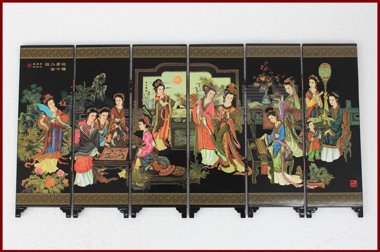 (Mini) Exquisite Chinese Klassieke Lak Schilderen Folding Screen-Droom Van De Rode Kamer 'S Twaalf Schoonheden