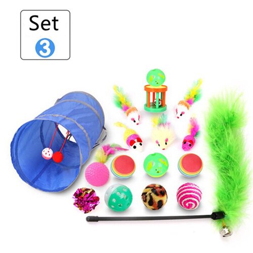 10/15/17/20pcs Pet Cat toy Set Cat Feather Toys Teaser Wand Pet Ball Rings Interactive Products Cat Tunnel Toy Telescopic Rod: 17pcs