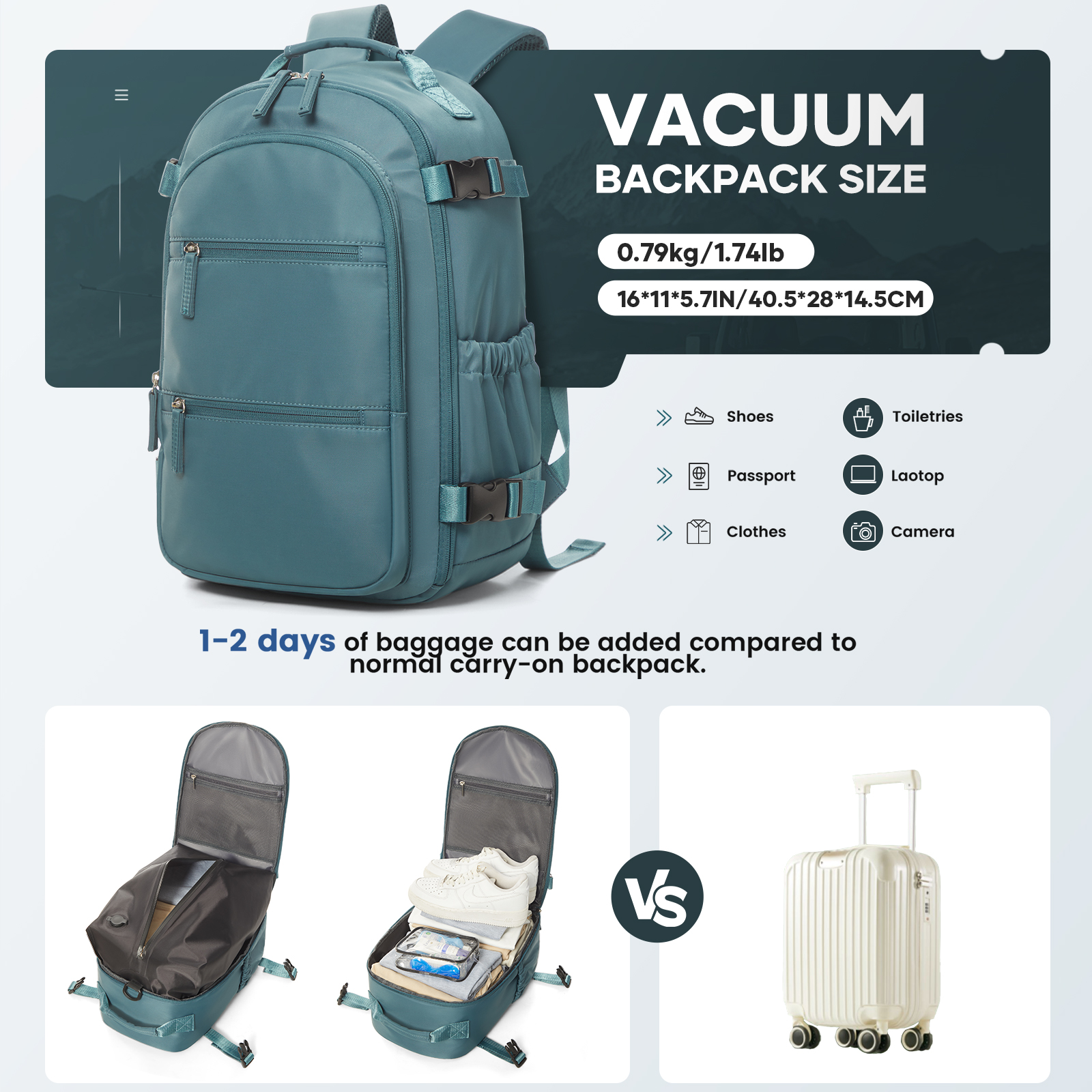 Backpack Men Waterproof Multiple Pockets Backpack Men's Work Bag Vacuum Compression Backpack Hiking Travel Backpack Notebook Bag: Blue