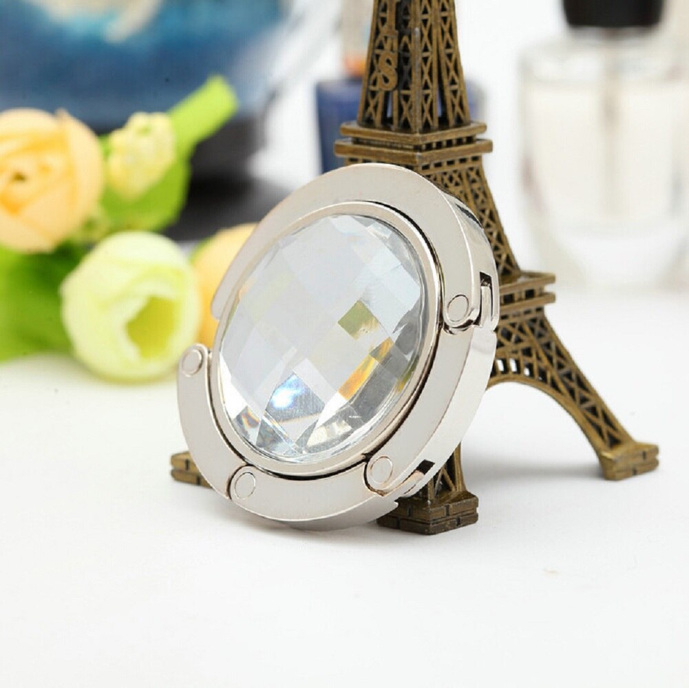 Perchero de gancho de Bolso portátil plegable para mesa, Perchero de gancho para bolsa, bolso, decoración de diamantes de imitación de cristal: Blanco