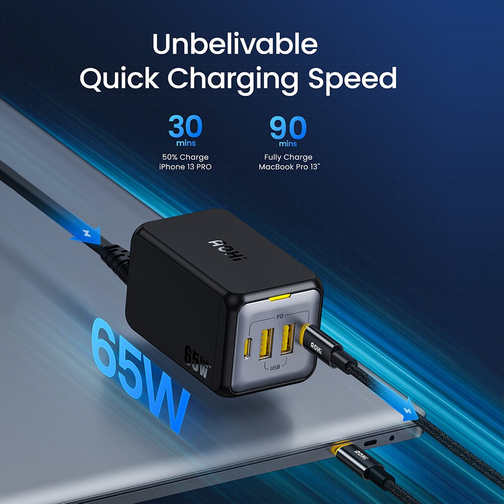 AOHI USB C Ladegerät GaN 65W 4-Port Desktop USB Ladestation PD Schnelle Lade Adapter für Macbook iPhone 13 12 Pro Max Galaxy