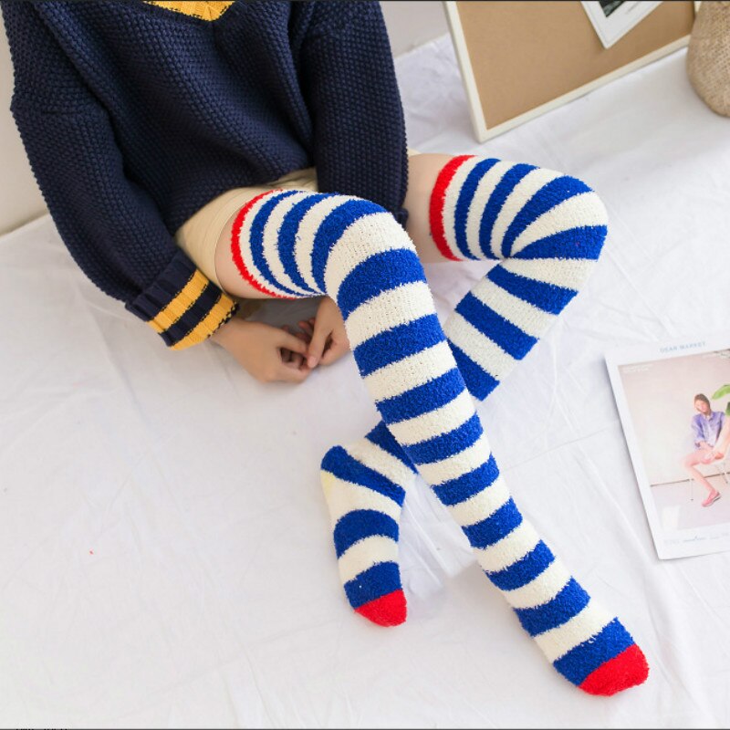 Women's Knee Socks Winter Coral Fleece Knee-socks Long Over Knee Cute Stockings Thick Warm Striped Socks: Dark blue stripes