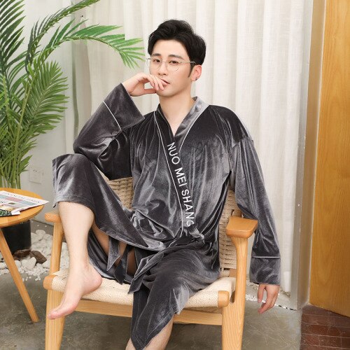 Grey Long Sleeve Chinese Men Rayon Robes Gown Male Kimono Bathrobe Nightwear Man Thick warm Gold Velvet Nightgown L-XXXL: 9792hui / L