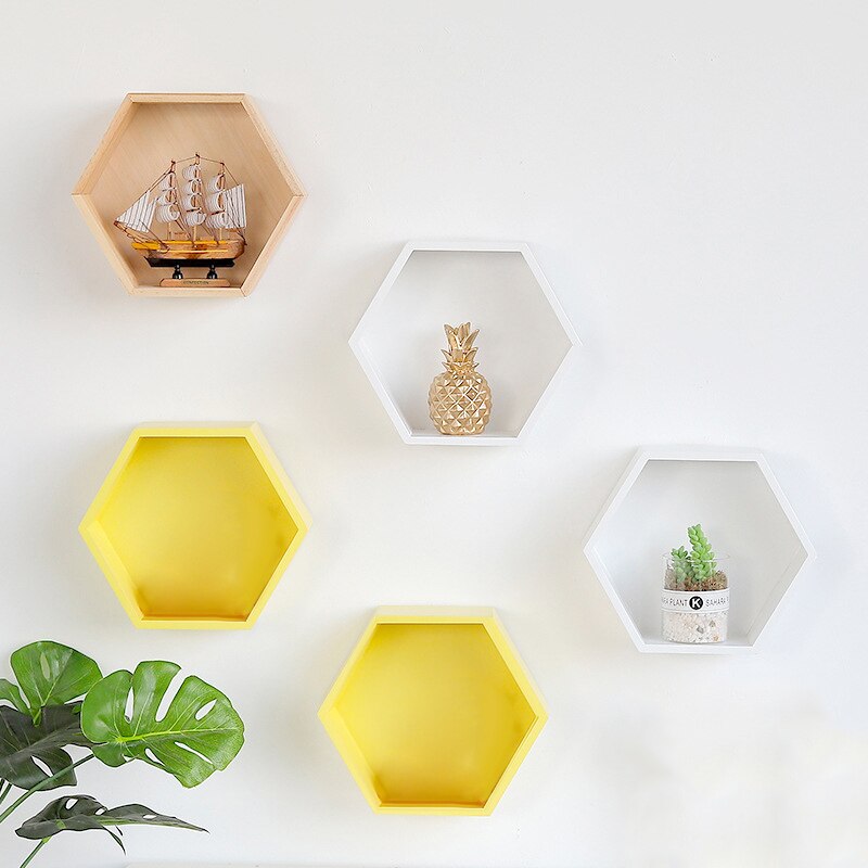 Nordic Hout Hexagon Box Wandplank Nordic Stijl Muur Opslag Plank Rack Craft Opbergrek Kamer DIY Muur Decor Houder