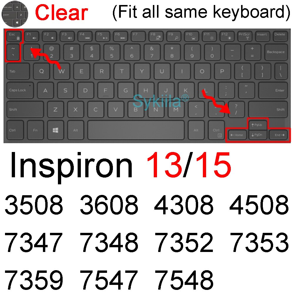 Cubierta para teclado Dell Inspiron 13 15 3508, 3608, 4308, 4508, 7347, 7348, 7352, 7353, 7359, 7547, 7548 funda de piel protectora 13BD 13WD 15BD: Clear