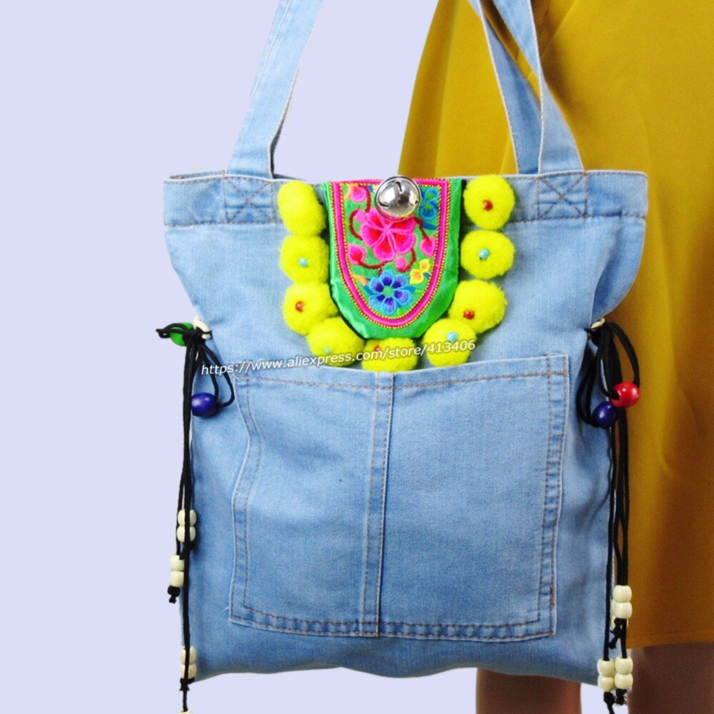 Vintage Hmong Denim Bohemisk Hobo Tote Väska Broderi Handväskor Stor Shopping Axelväska Resväska