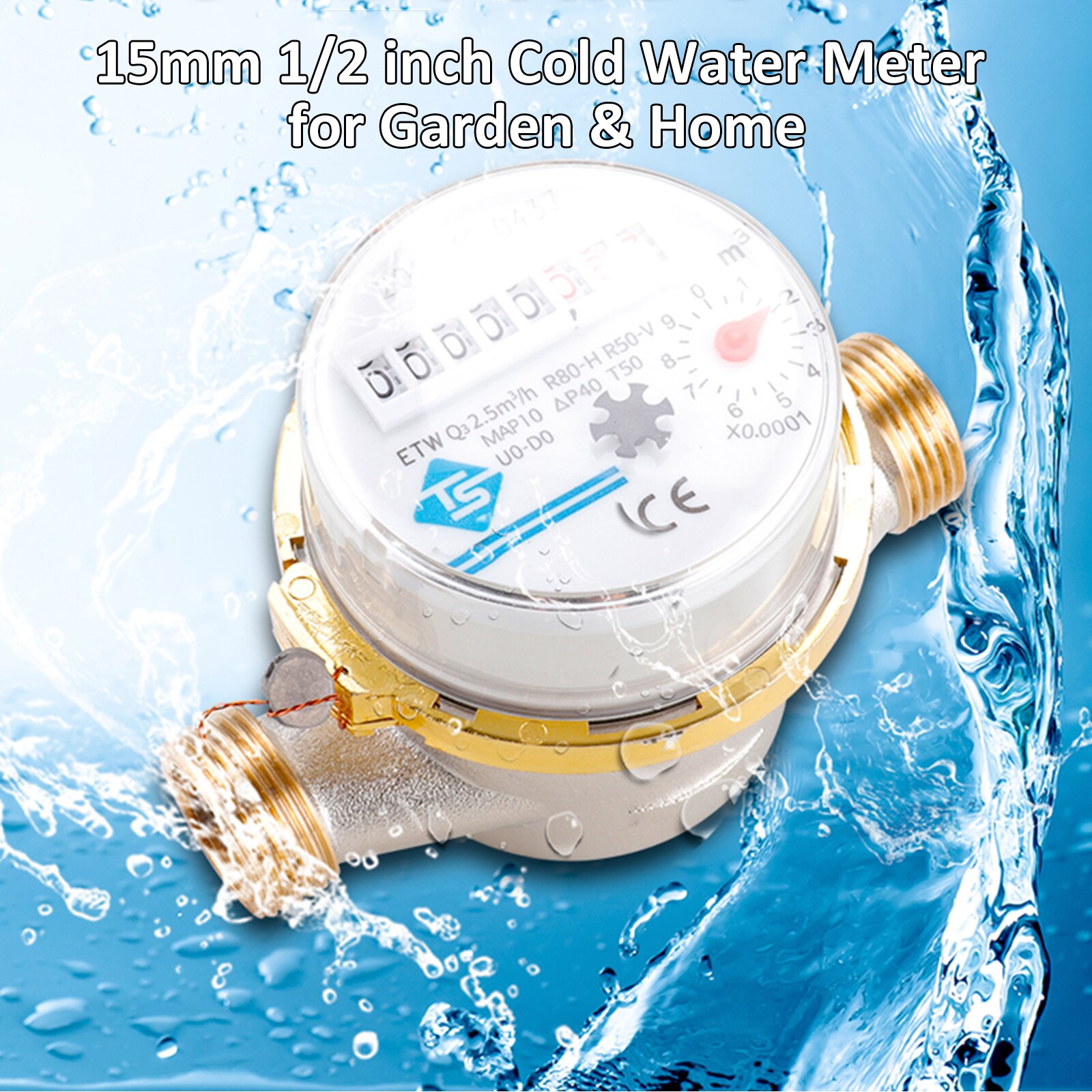 15mm 1/2in Cold Water Meter Read of Cubic Flow Meter 360 Adjustable Rotary Counter Water Measuring Meter 0.0001 for Garden Usage