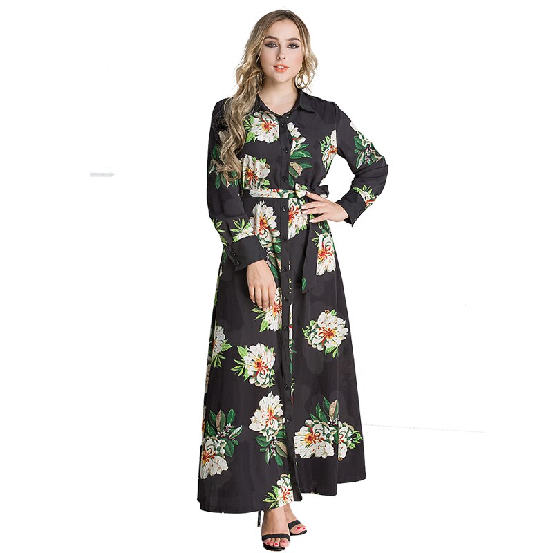 Lange Boho Kleid 6XL 7XL Frauen Plus Größe Schwarz Hemd Kleid Herbst Taille wickeln Volle Hülse Blumen- drucken Büro max Dame Kleid: 6XL