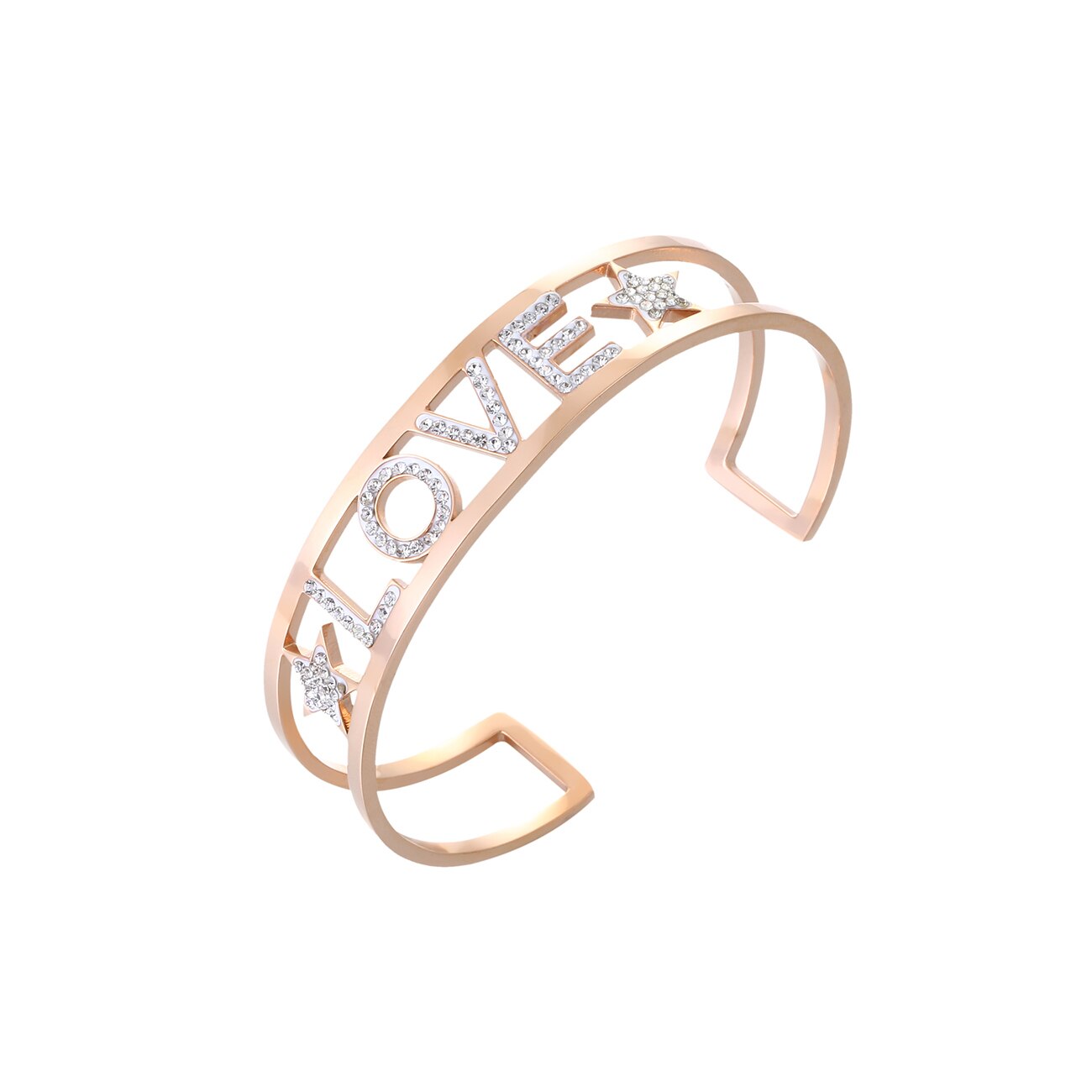 Edelstahl LIEBE Brief Stern Manschette Armreif Armband Gold Bunte Kristall Armreif Für Frauen Party Hochzeit Trendy Schmuck: Clear-Rose gold