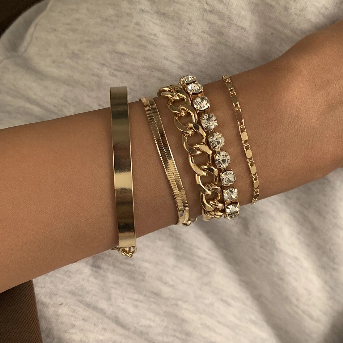4 Stks/set Luxe Shiny Rhinestone Armbanden Set Bangle Vrouwen Mannen Verstelbare Clear Crystal Chunky Link Charm Armband Hand Sieraden: Rose Goud Kleur