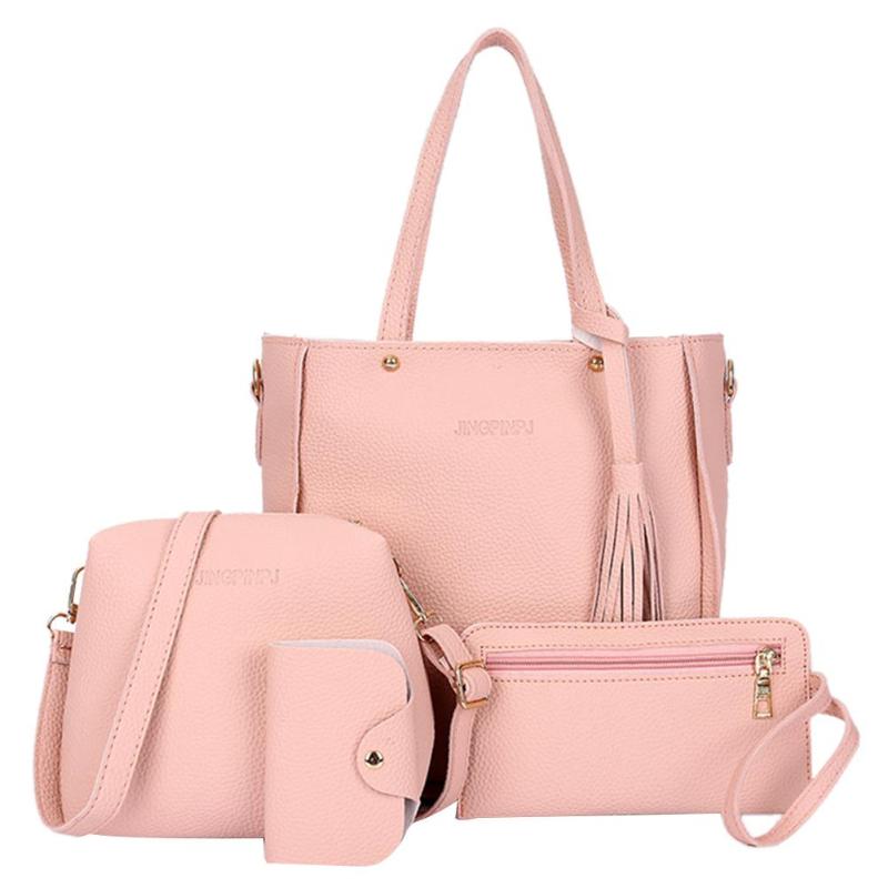 Conjunto de bolsos de hombro con borlas de Lichi para mujer, bandoleras cruzadas de piel sintética con asa superior, estilo informal, a la , 4 unids/set: Rosa