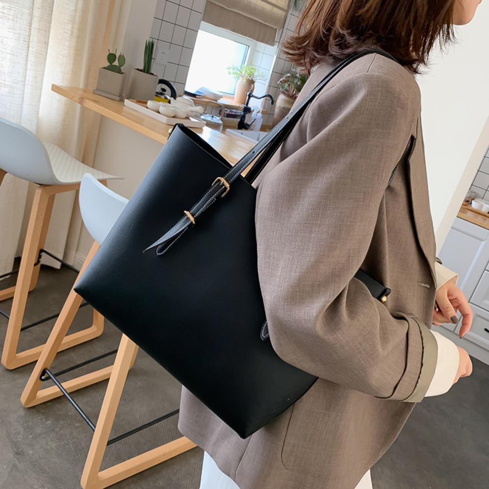 2 pièces/ensemble couleur unie PU sac à main femmes grande capacité décontracté dame épaule embrayage exquis sac à provisions