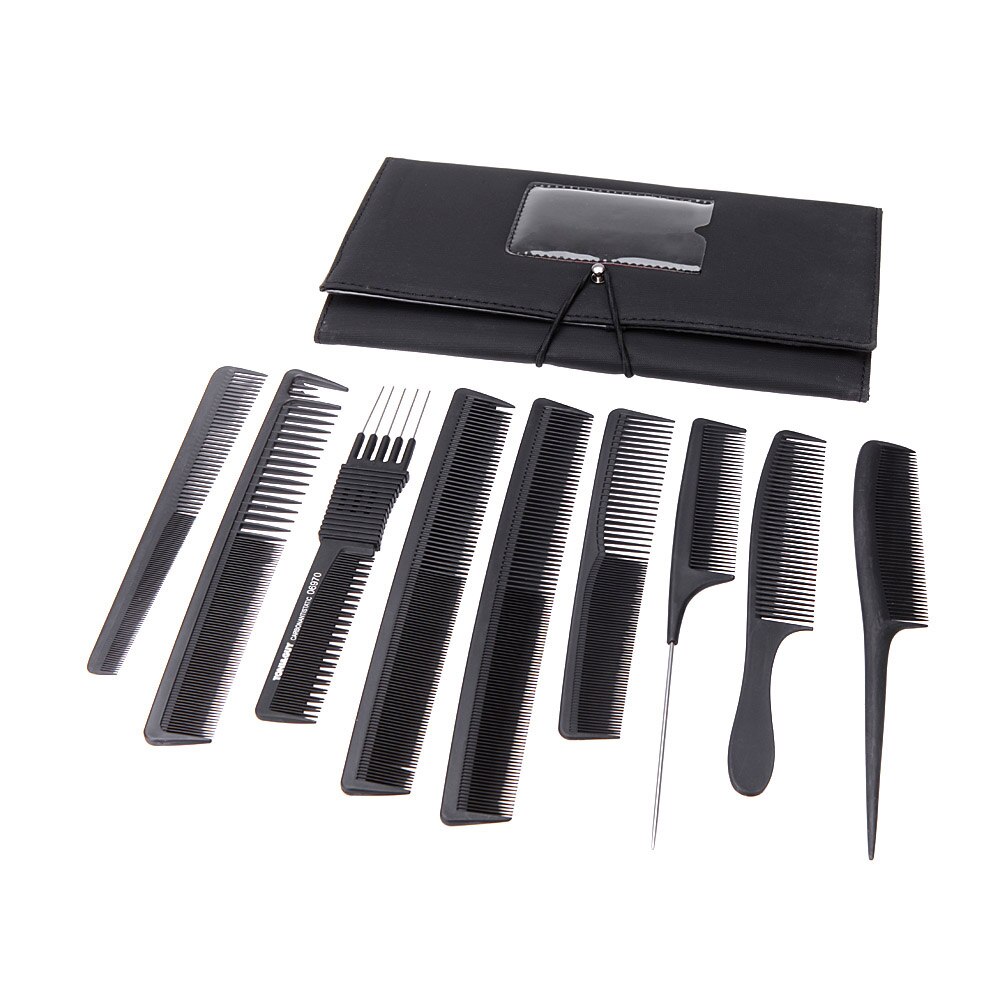 9Pcs Pro Salon Haar Kam Set Professionele Kappers Snijden Kammen Hair Brush Set Met Pouch Holder Case Black Make-Up kit: Default Title