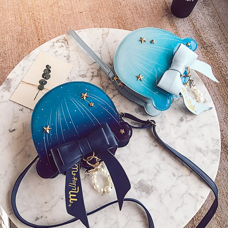 Pastell Ozean Quallen Tasche Nette Lolita Mädchen Marine Blau Bogen Perle Farbe Schulter Tasche Cross Body Satchel Messenger Handtasche