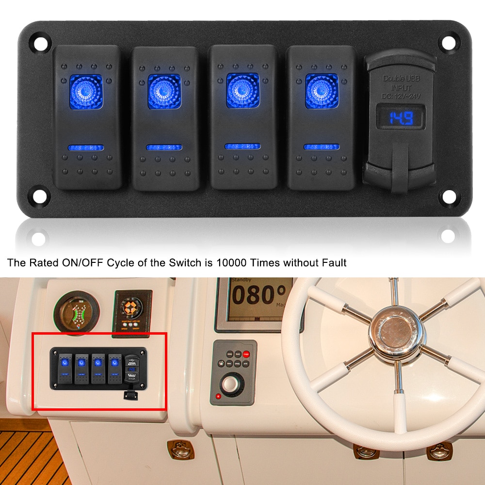Voltímetro Digital para coche marino, impermeable, doble puerto USB, 4 bandas de palanca de interruptor basculante, 12V/24V, Panel de interruptor LED + pegatina
