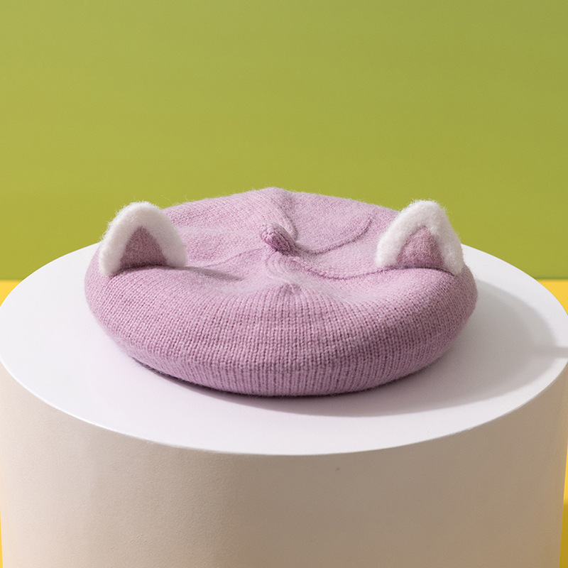 Béret de dessin animé pour enfants, chapeau tricoté avec oreilles de renard, Bonnet pour filles: Violet