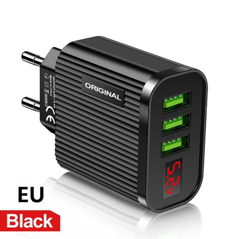 Caricatore Del Telefono di buona Display Digitale 3 Porta USB 3A Max Intelligente Veloce Caricatore di Corsa Della Parete Adattatore del Caricatore Per il iPhone 11 samsung Xiaomi: EU Black