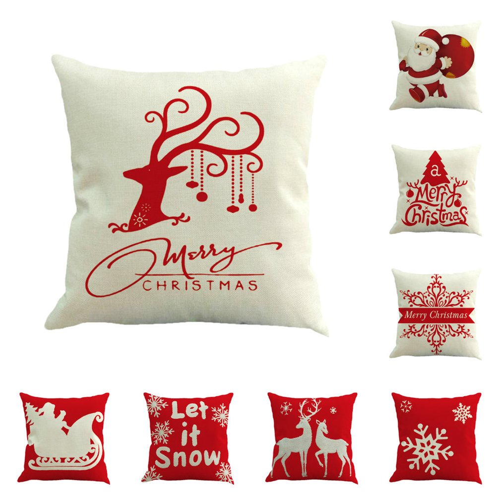Kerst Kussenhoezen Set Van 4 Katoen Linnen Afdrukken Kussenhoezen Decoratieve Kussenhoes Voor Sofa Kantoor 45X45 cm