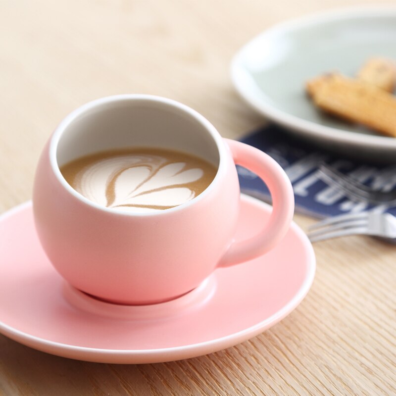 Taza de café esférica y platillos de cerámica para el hogar, tazas de té de porcelana de Color sólido mate hechas a mano, de para beber en el hogar