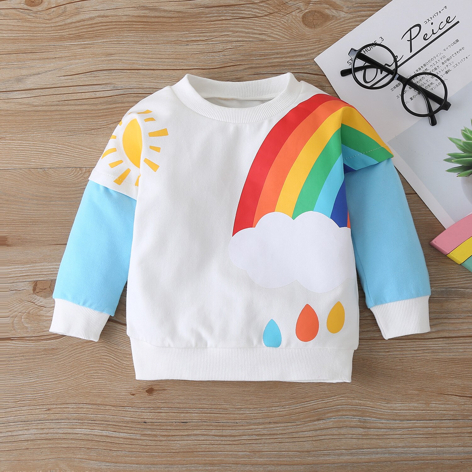 Katoen Baby Meisje Kleding Regenboog Wolken Zon Print Patchwork Lange Mouw Trui Tops Fall Winter Kids Baby Boy Kleding 1-6Y: XH20076-WH / 120-5Y