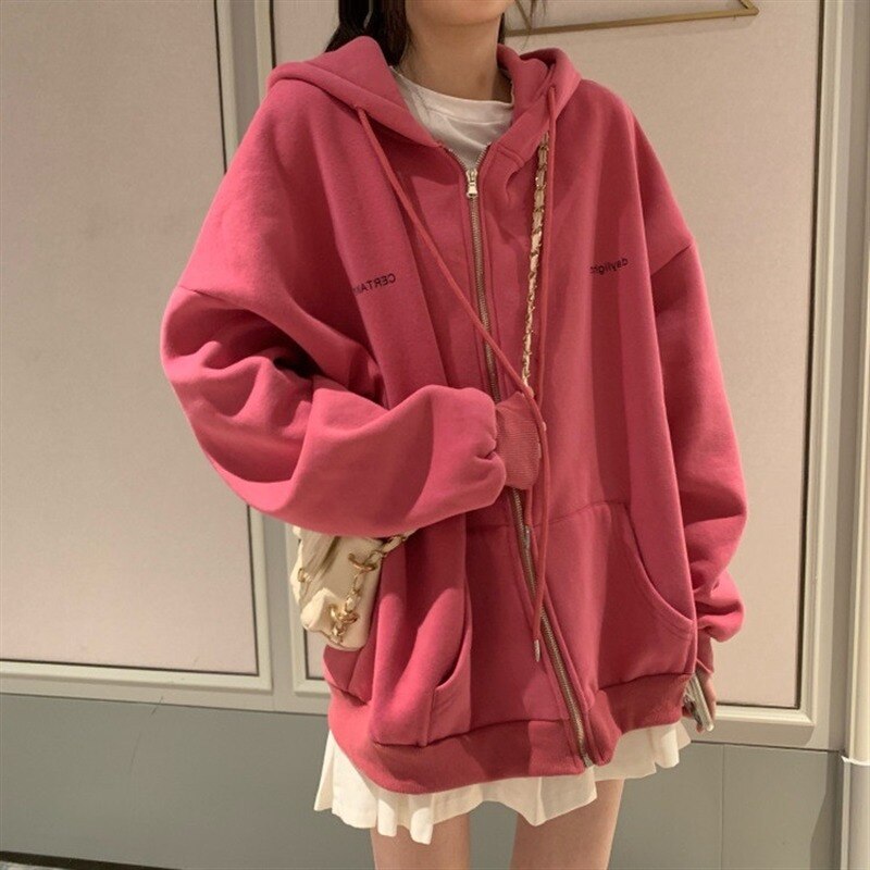 Sudaderas con capucha de las mujeres carta Oversize con capucha prendas de vestir exteriores Zip-adolescentes otoño Ins Popular cremallera estilo coreano de mujer diario básico Simple