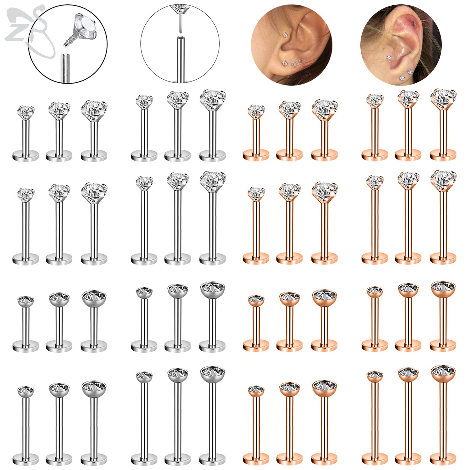 Zs 3 Stks/partij Cz Crystal Lip Piercing Set 6/8/10/12Mm Rvs Monroe Labret ringen Oor Tragus Helix Piercings Sieraden 16G