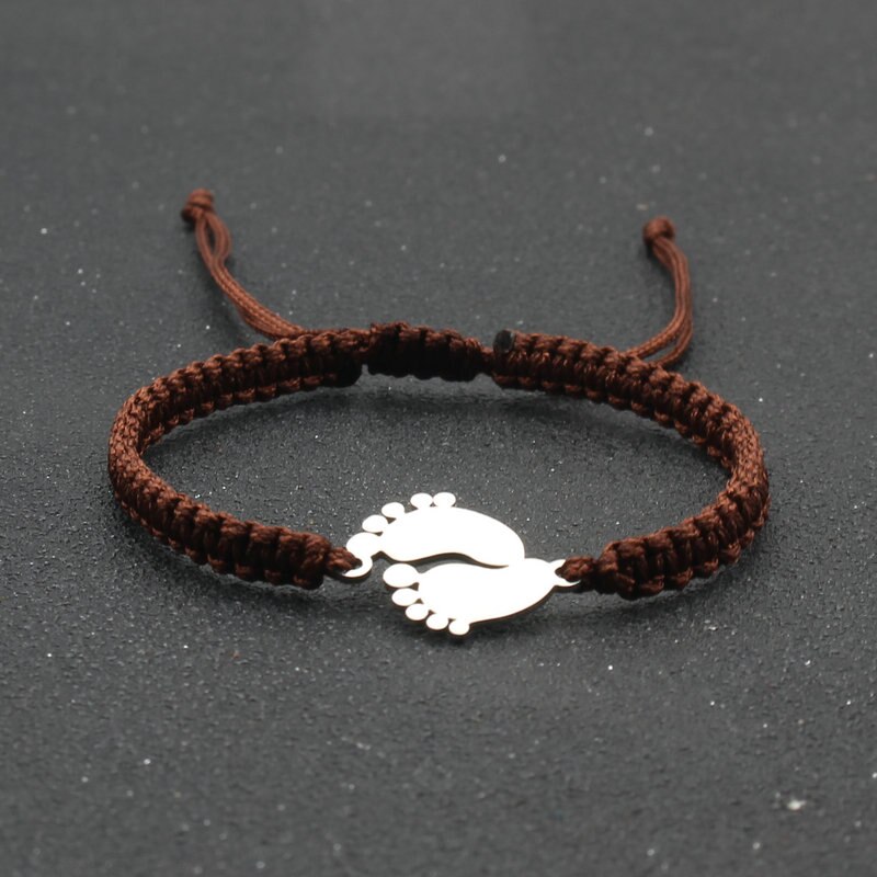 Bransoletka amulet ze stali nierdzewnej para urocza mała stopa szczęście czerwona nić plecione bransoletki i Bangles dla kobiet mężczyzn biżuteria mankiet: Brown