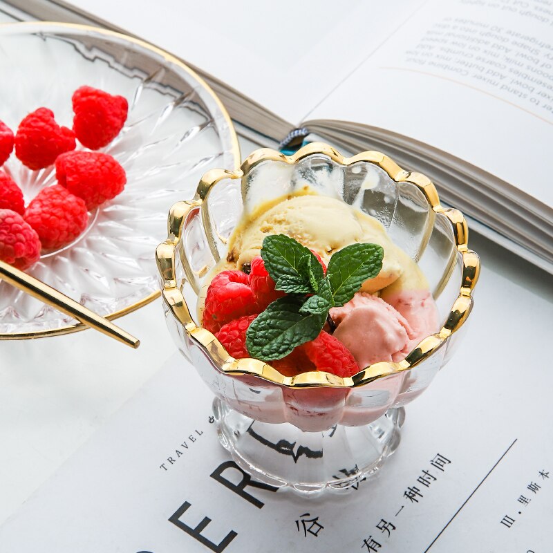 Glas is kop og tallerken guldkant europæisk stil glasskål salatskål frugtskål glas dessert tallerken kage tallerken og fade