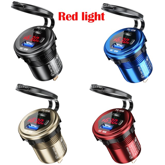 Metallenes 45w- usb-c-pd - + 18w qc3.0- usb-schnellladegerät mit spannungs-/leistungsanzeige für suv, motorrad, lkw, boot, atv: Gold / Rotlicht