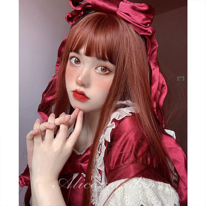 Estilo japonés animación lolita castaño oscuro largo liso COSPLAY del pelo peluca vieja señora pelo accesorios para el cabello de las mujeres