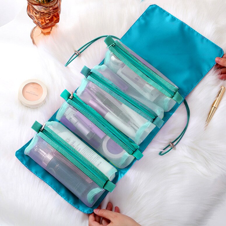 Afneembare Nylon Make-Up Tas Draagbare Grote Capaciteit Vier-In-een Draagbare Vouwen Reizen Cosmetische Opslag Wc tas: Peacock Blue