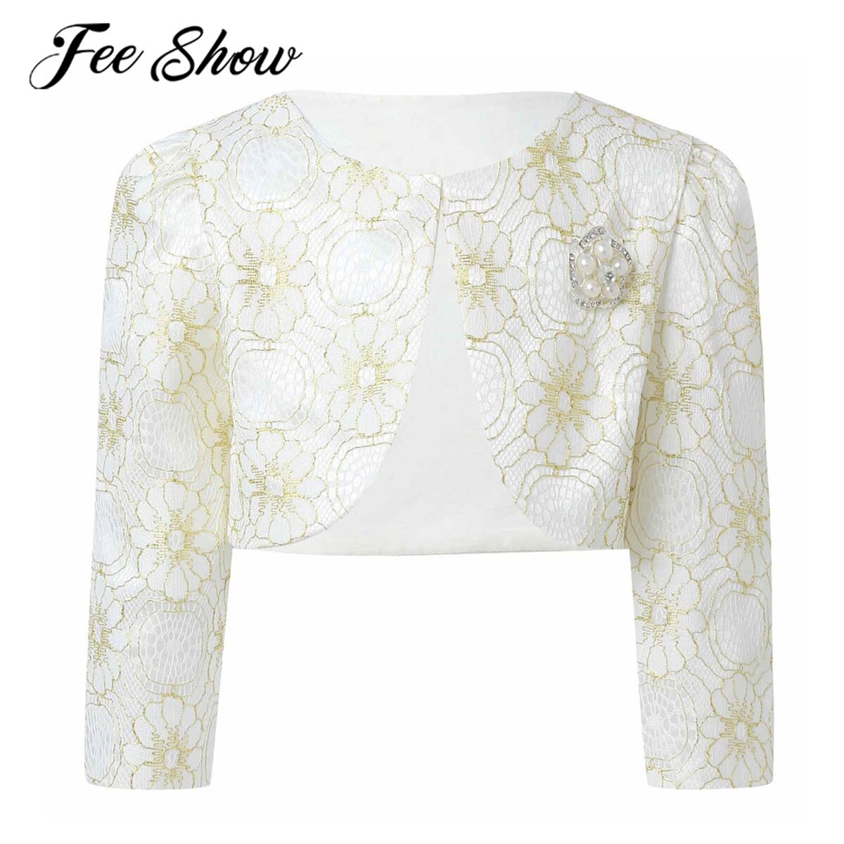 Children's Kids Girls Long Sleeves Jackets Boleros Gold Thread Lace Embroidered Flower Coat Cape Wedding Flower Girl Clothes