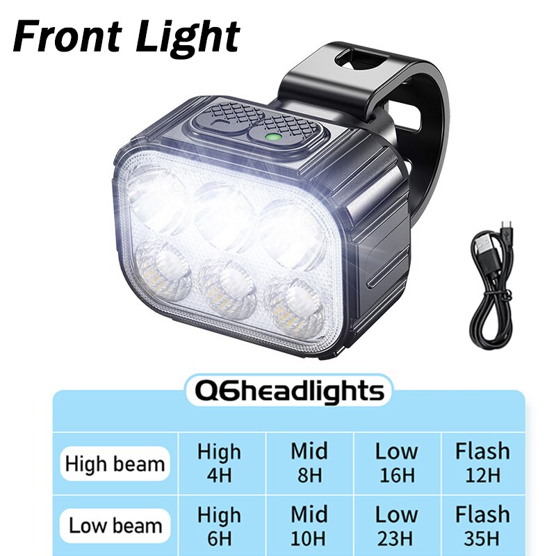 Juego de luces LED delanteras y traseras Q6 para bicicleta, carga USB, lámpara de resaltado para bicicleta de montaña y carretera, accesorios para ciclismo: Blanco