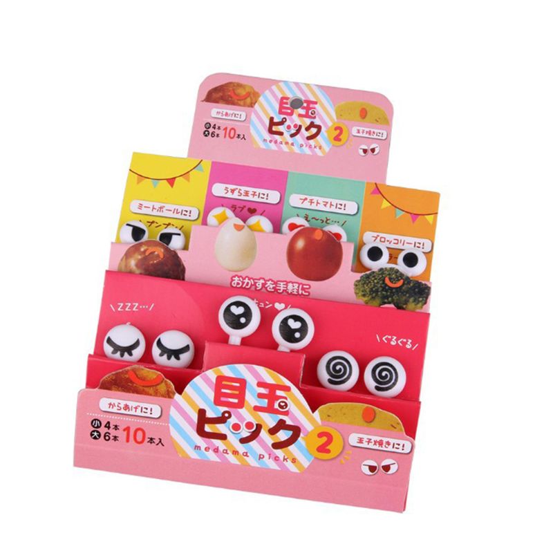 10 unidades/juego de Mini pinchos, lindos ojos de dibujos animados Kawaii, Almuerzo Bento caja, comida, fruta, tenedor, palillos, decoración de Buffet