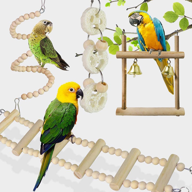 Juguetes colgantes para loros y aves, jaula de madera Natural para loros, periquitos, cacatúas, pinzones, 8 paquetes